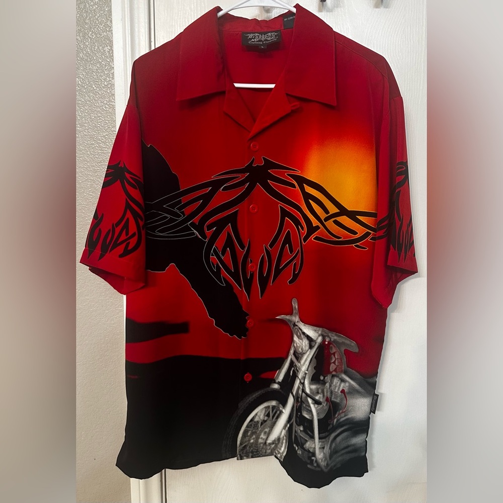 Vintage 90s Y2K Dragonfly Shirt Size Large Red Chopper Polyester Biker Camp AOP
